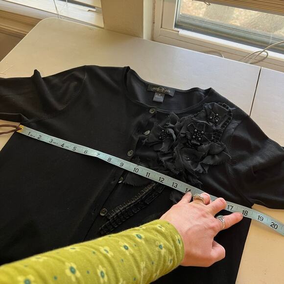 August Silk Black Soft Embellished Floral Detail Button Front Cardigan Sweater - Picture 10 of 12